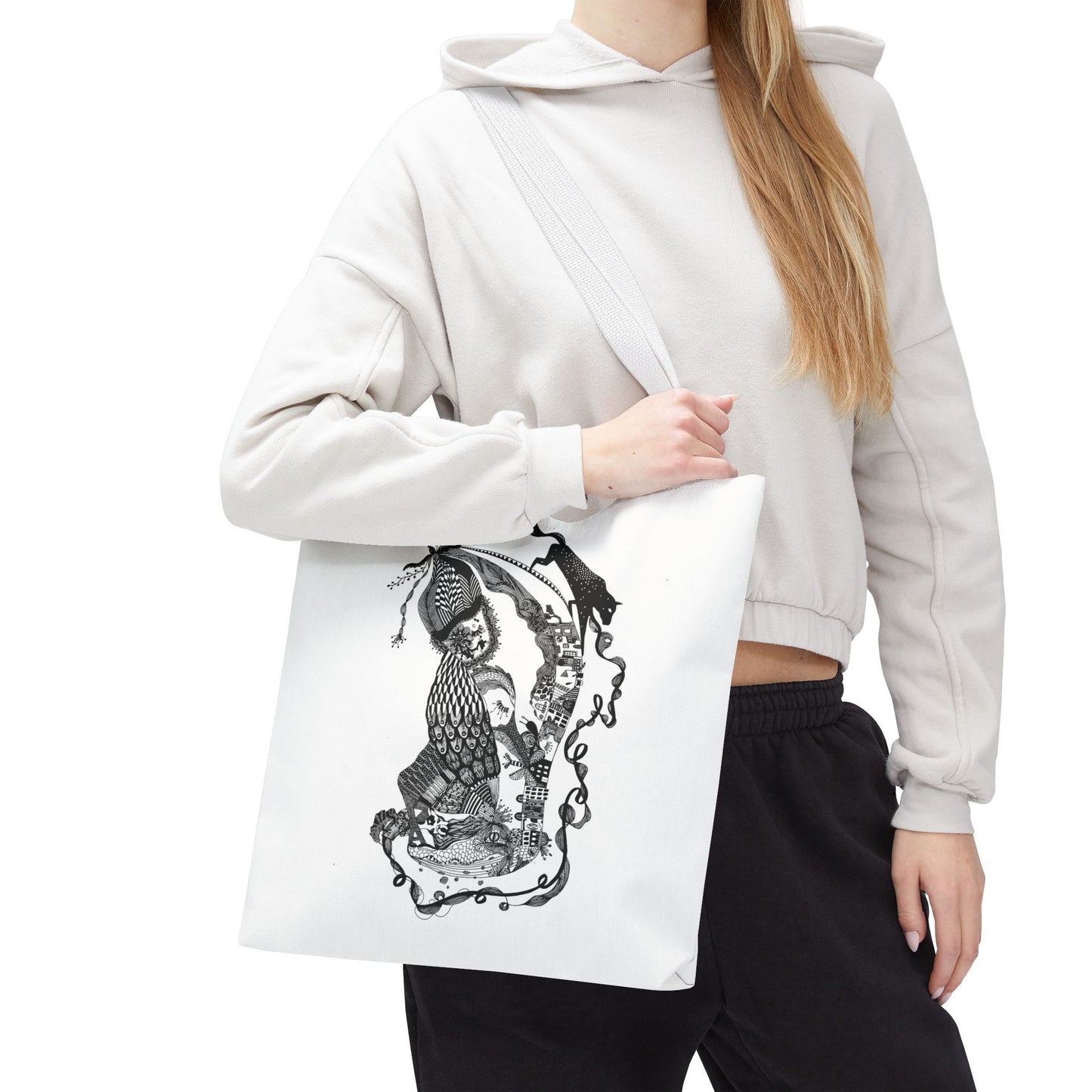 Tote bag stoffen draagtas met zwart wit illustratie